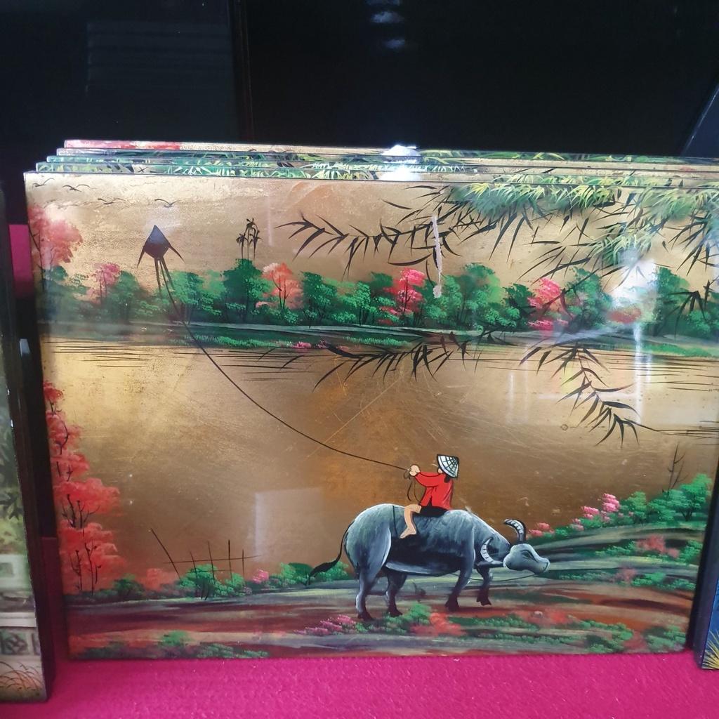 Tranh sơn mài đồng quê vẽ vàng Thanh Bình Lê, hàng xuất khẩu 30x40 cm