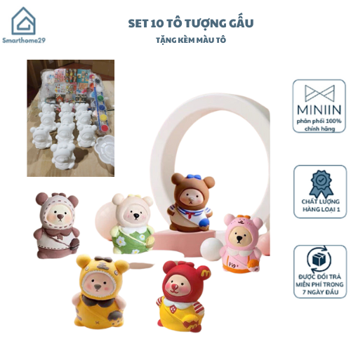Sét 10 Tượng Tô Thạch Cao Gấu Mini Đeo Túi Nhân Vật Hoạt Hình Tặng Kèm Màu Và Cọ - Hàng Chính Hãng MINIIN