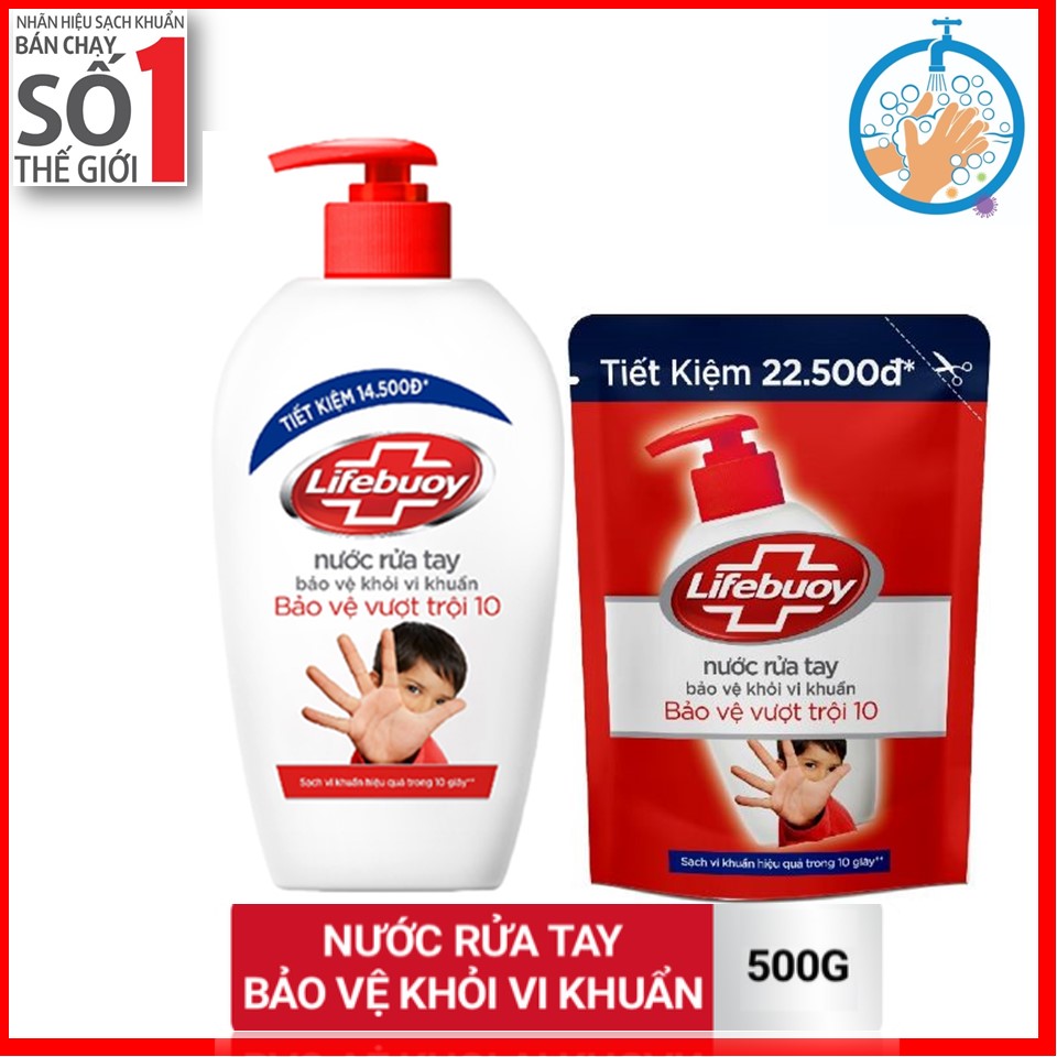COMBO Nước rửa tay Lifebuoy Bảo vệ vượt trội 10 Chai 500g và túi 450ml
