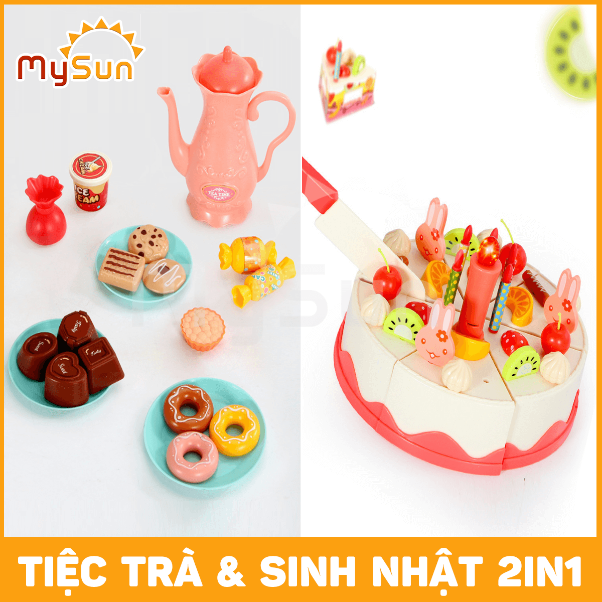 Đồ chơi TIỆC TRÀ cắt bánh kem sinh nhật có đèn cho bé gái bằng nhựa cao cấp – MySun