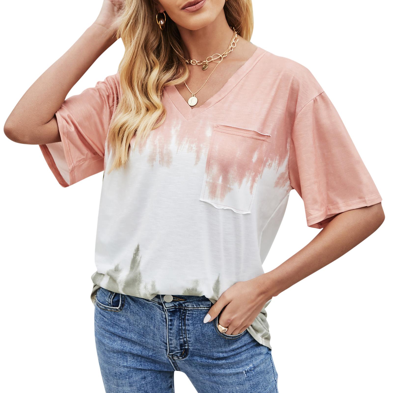 Women Tie-Dye T-Shirt with Pocket Loose V-Neck Short Sleeve Tee Pullover Casual Summer Beach