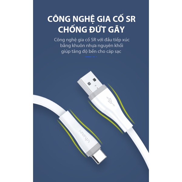 Cáp sạc nhanh USB Type-C VIVAN SC30S/SC200S Dây Dẹt 100cm/ - Hàng Chính Hãng