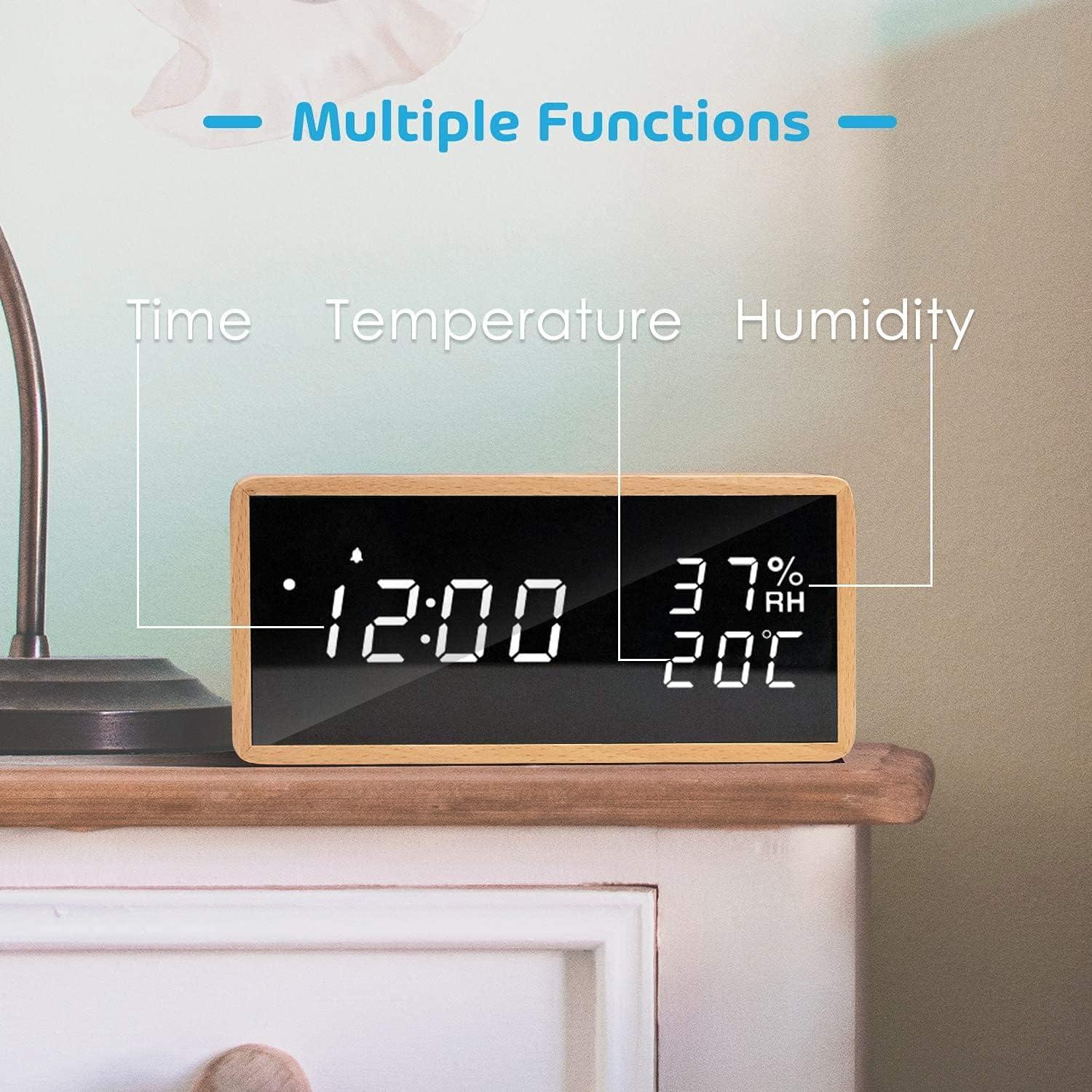 Đồng hồ báo thức điện tử, Đồng hồ báo thức kỹ thuật số bằng gỗ với 3 cài đặt báo thức, Đồng hồ kỹ thuật số hỗ trợ USB với màn hình LED hiển thị thời gian, nhiệt độ và độ ẩm