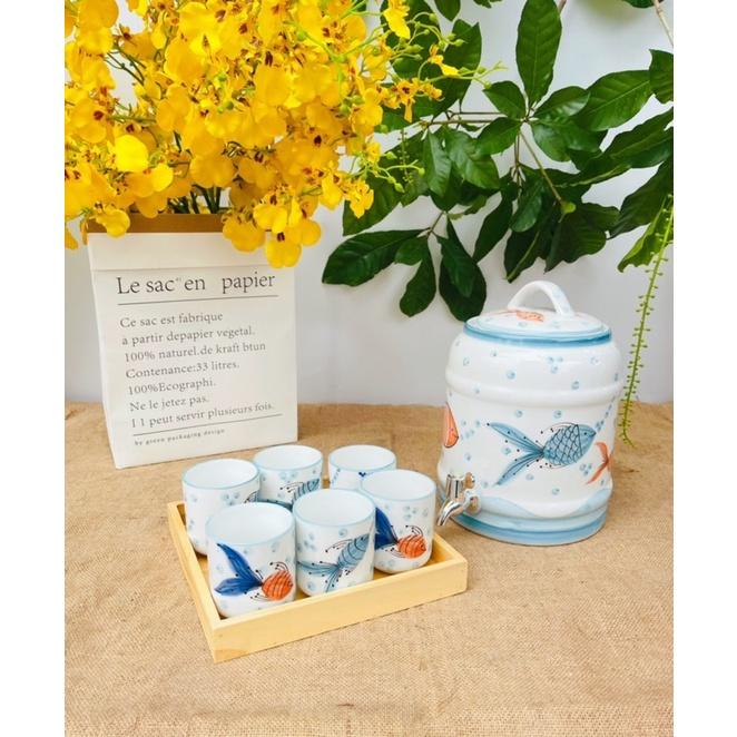 Bộ Bình uống nước,kèm cốc,kèm khay gỗ Bát Tràng