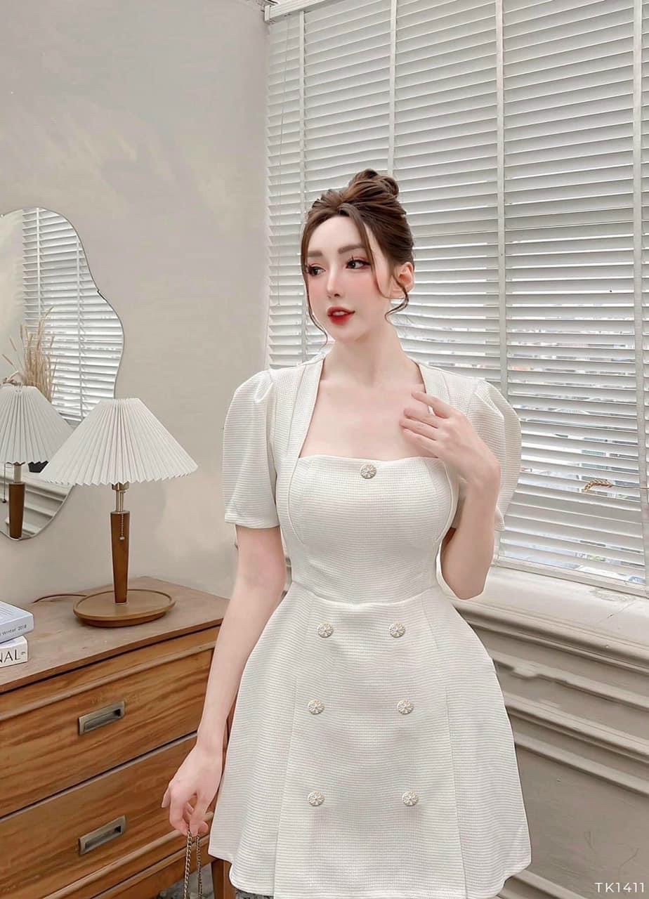 Đầm xốp cổ vuông đính nút sang trọng đầm dự tiệc đơn giản
