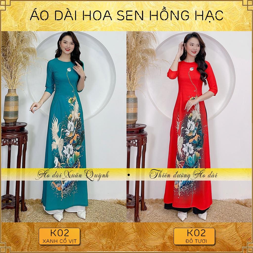 Áo Dài Truyền Thống Hồng Hạc Hoa Sen Chấm Bi Sang Trọng, Lụa Habutai Cao Cấp K02 - Áo Dài Xuân Quỳnh