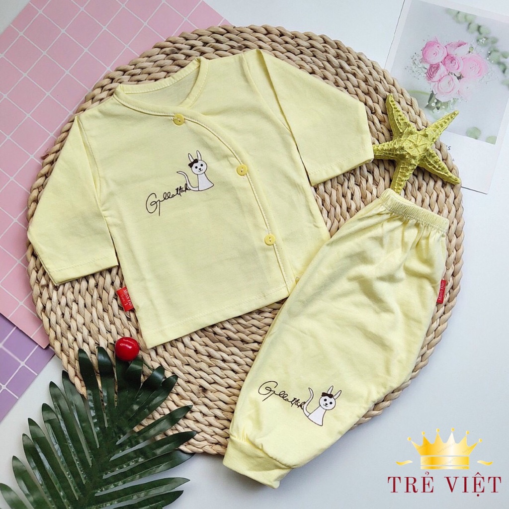 Bộ quần áo sơ sinh cotton dài tay, khuy lệch cho bé, Quần áo trẻ em từ 0 - 9 tháng