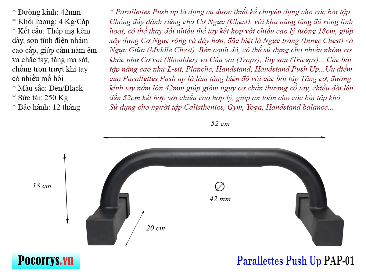 Combo 3 bộ Xà kép, Dụng cụ chống đẩy, Parallettes Pocorrys 05, Màu đen sọc đỏ