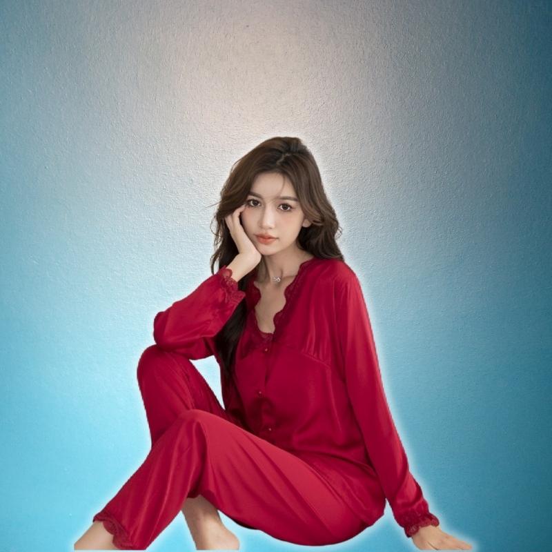 Đồ bộ pijama lụa, đồ mặc nhà nữ VILADY - B105 kiểu tay dài quần dài, hoạ tiết trơn phối viên ren quyến rũ, chất liệu lụa Pháp (lụa latin) cao cấp - Màu đỏ