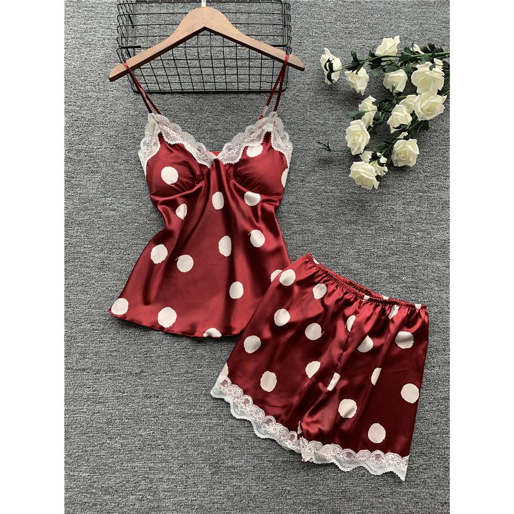 Bộ ĐồNgủ SexySALE SẬP XÀNBộ ngủ lụa 2 dây chấm bi kèm mút ngực Z397