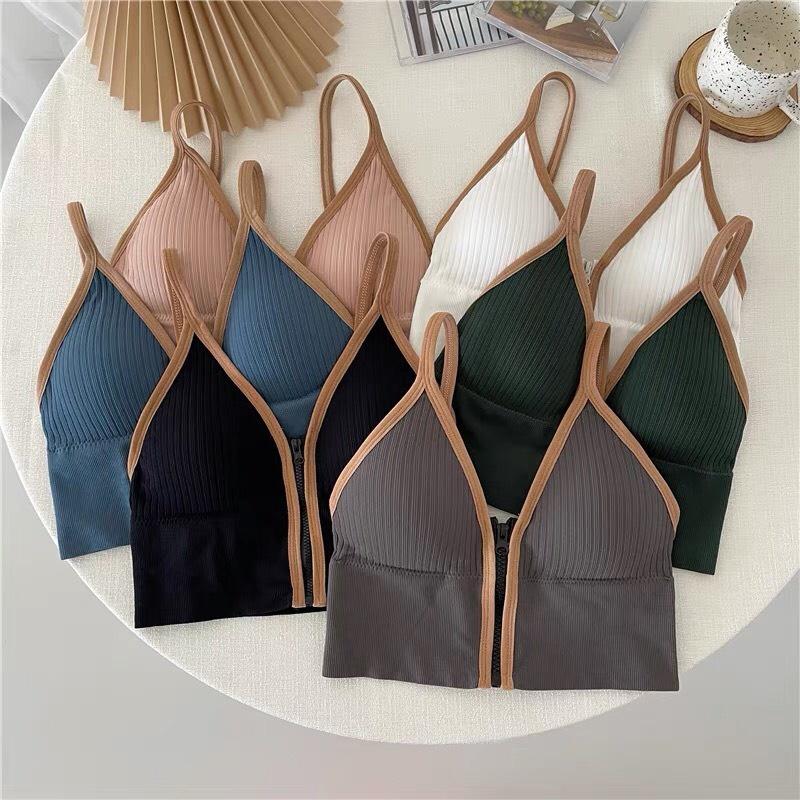 Áo Tập Bra Hai Dây Nữ Kéo Khóa Trước CopTop Dáng Ôm Dệt Kim Len Tăm Có Mút Ngực PINKBOUTIQUE