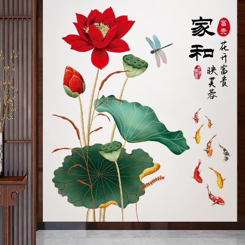 DECAL DÁN TƯỜNG HOA SEN ĐỎ CÁ CHÉP