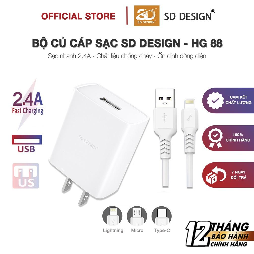 Bộ Củ Cáp Sạc 2.4A HG88 SD DESIGN sạc nhanh an toàn cho điện thoại iphone, samsung, oppo, xiaomi