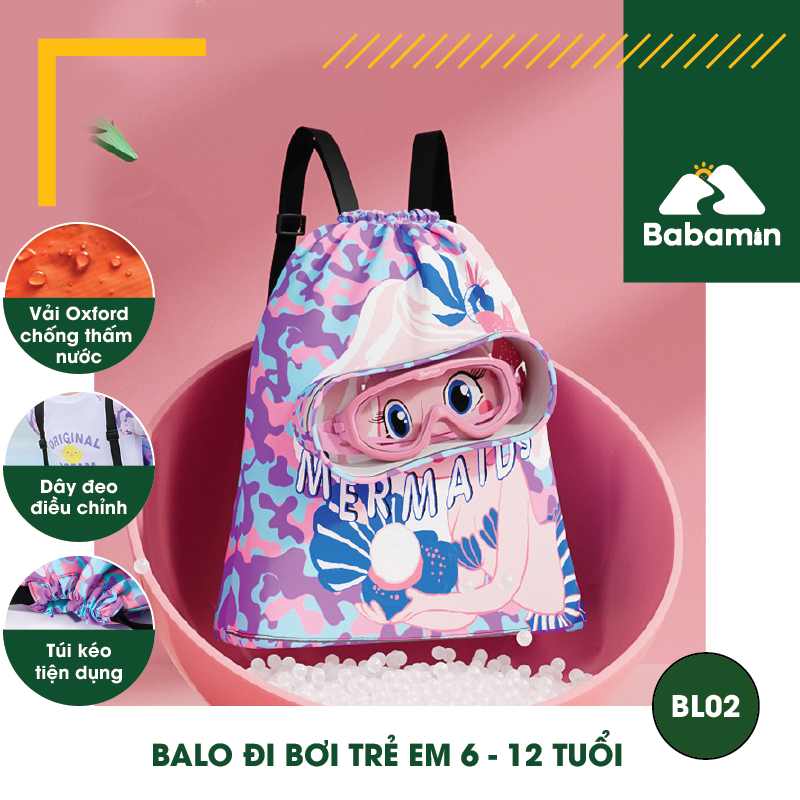 Balo Đi Bơi Trẻ Em 6 - 12 Tuổi Chống Thấm Nước, Babamin - Họa Tiết Hoạt Hình Dễ Thương - BL02