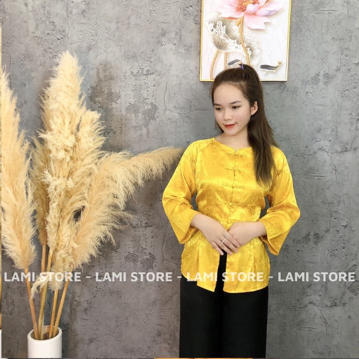Đồ lam đi chùa nữ bộ lễ phục bà ba lụa gấm tay lỡ cao cấp đẹp thiết kế cao cấp trang nhã LAMI STORE V12