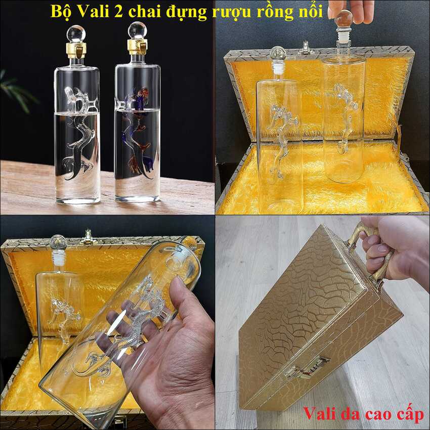 Bộ Chai Thủy Tinh Đựng Rươu RỒNG NỔI 800ML (bộ 2 bình) – Kèm vali da cao cấp có khóa số - Quà tân gia, sinh nhật ý nghĩa