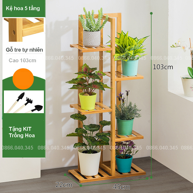 Kệ hoa gỗ trồng hoa cây cảnh 5 tầng,6 tầng, 7 tầng Flo-Shelf trang trí trong nhà, ngoài trời phong cách Hàn Quốc