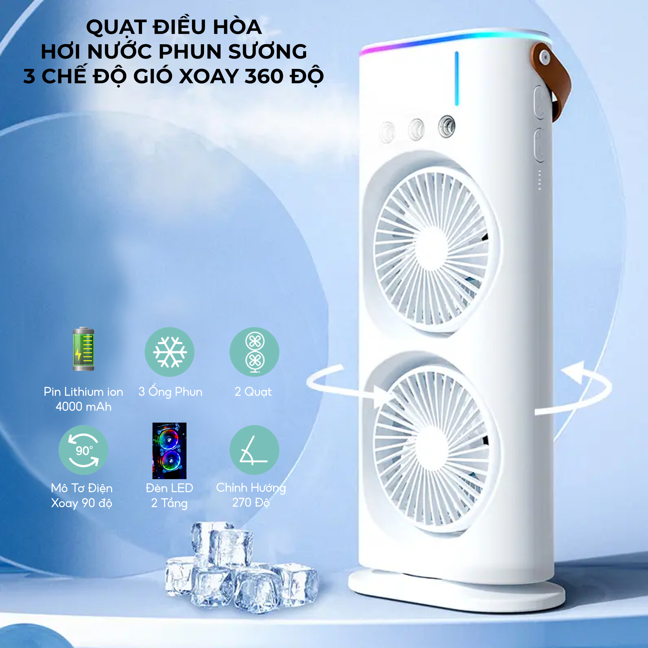 Quạt hơi nước tích điện Half Horse, xoay 180 độ , pin 4000 mah. Trợ thủ đắc lực cho mùa hè nóng nực