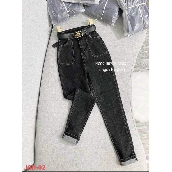 Quần jeans nữ túi đắp vuông xám đen xước - Quần skinny jeans lưng cao quảng châu