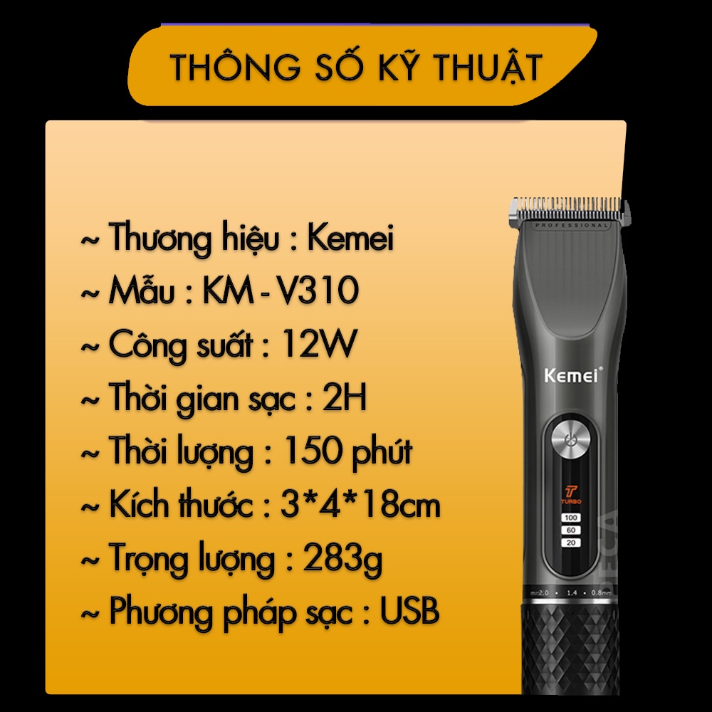 Tông đơ cắt tóc chuyên nghiệp Kemei KM-V310 điều chỉnh 2 mức tốc độ cắt, màn hình LCD hiển thị sạc nhanh USB công suất mạnh 12W có thể dùng cạo đầu, cạo trắng fade tóc