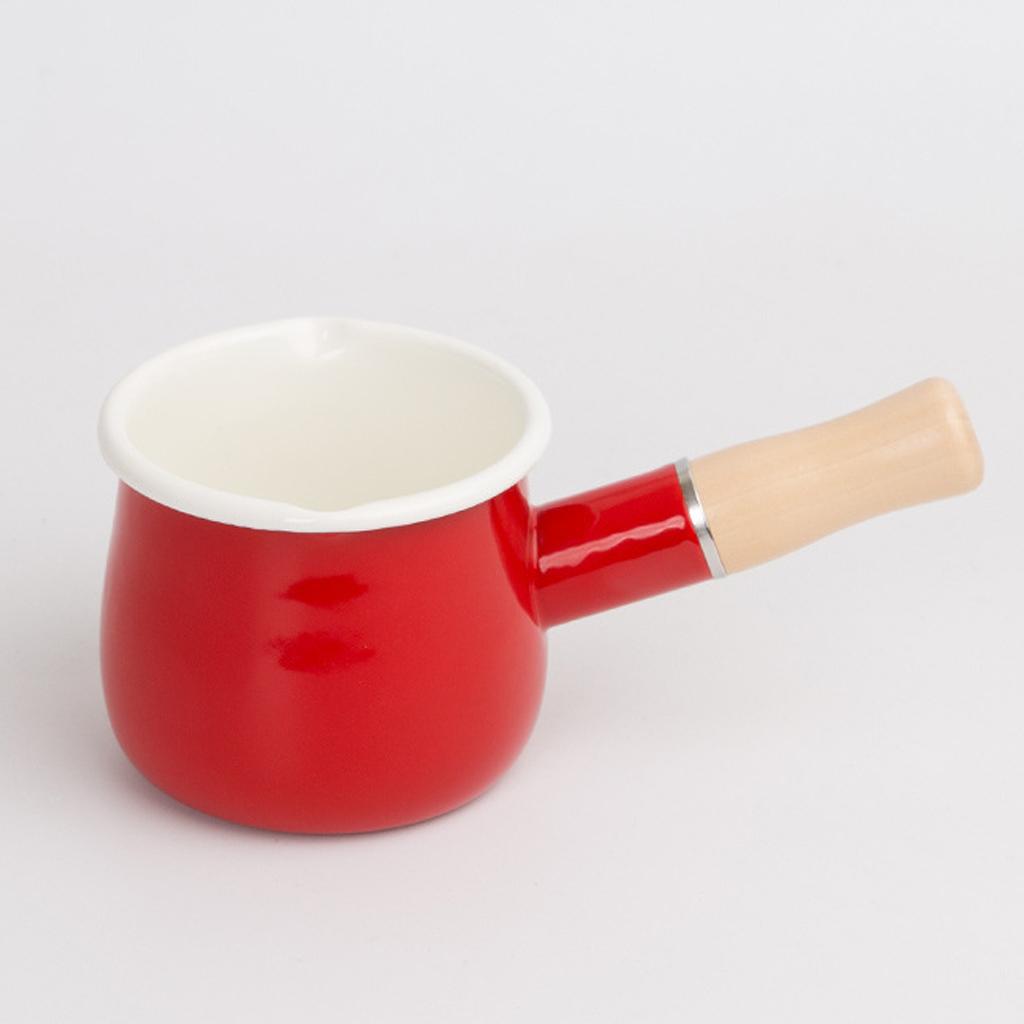 550ml Small Enamel Milk Cooking Sauce Pan Pot Wooden Handle Cookware White