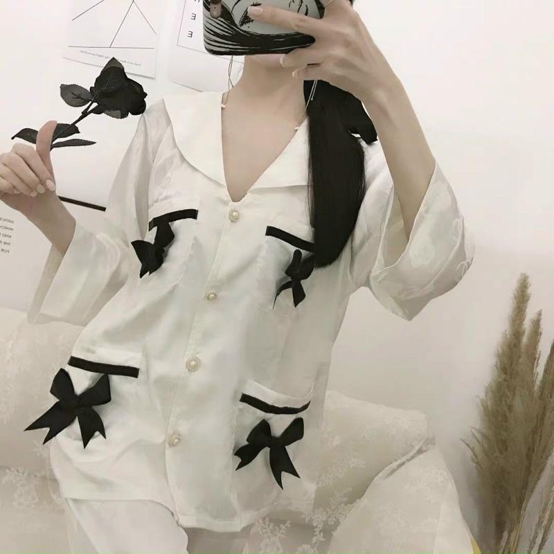 BỘ PIJAMA LỤA DÀI CAO CẤP MULISI NHIỀU NƠ TRẮNG
