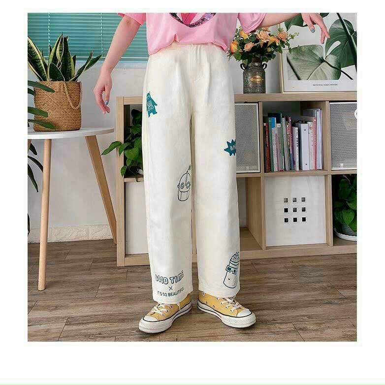 Quần ống rộng nữ dáng suông lưng cao in hình dễ thương phong cách Hàn Quốc dễ mặc