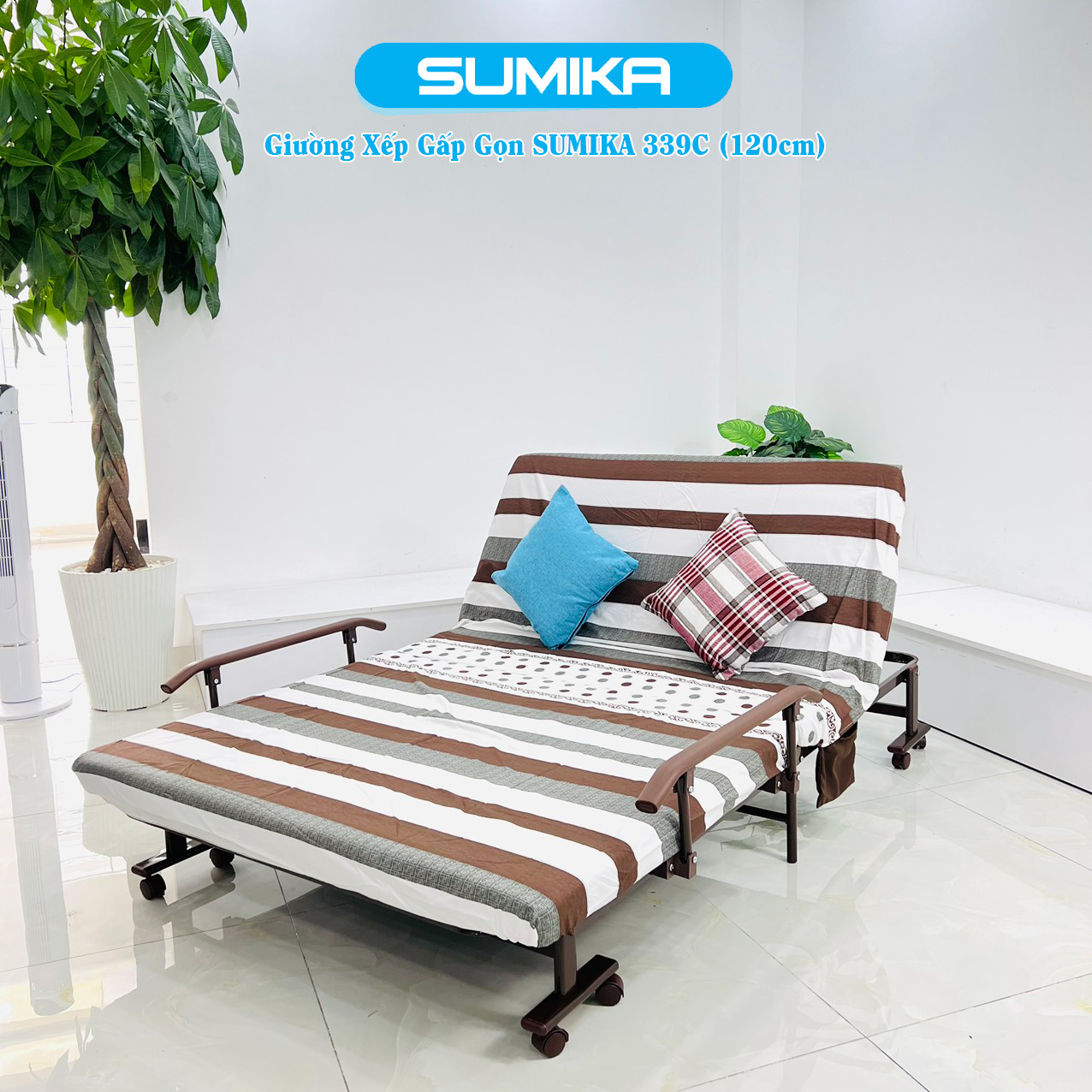 Giường xếp gọn cao cấp SUMIKA 339C, chiều rộng 120cm, khung thép, có bánh xe di chuyển