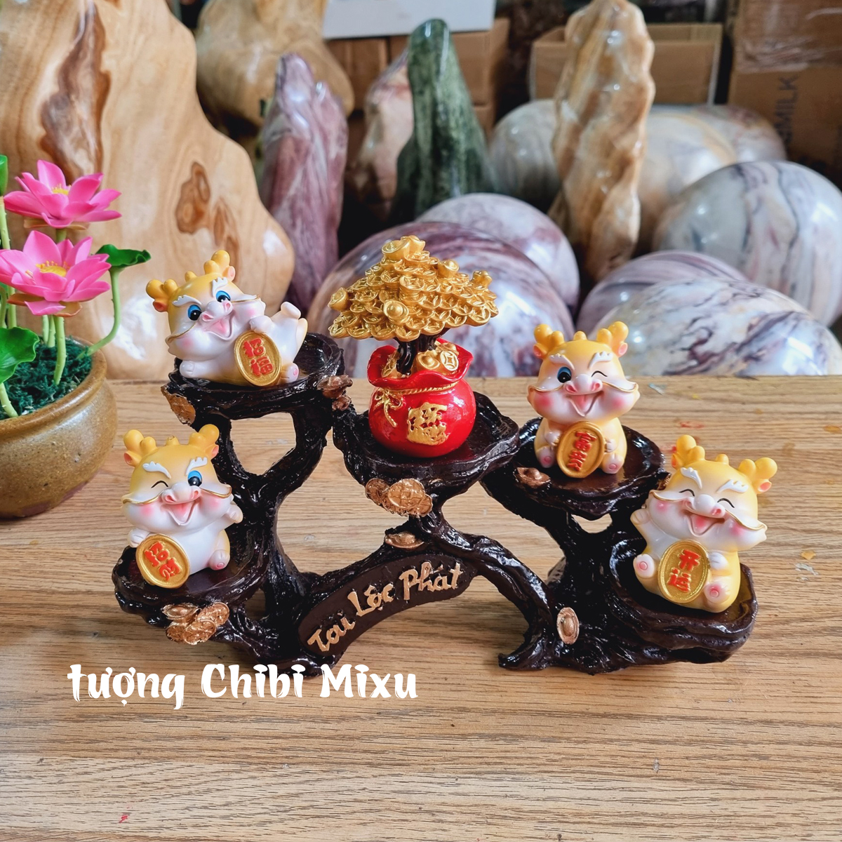 Bộ 04 tượng Rồng vàng kèm cây tiền và chân đế ngang Tài Lộc Phát Giàu có Đồ trang trí Quà tặng
