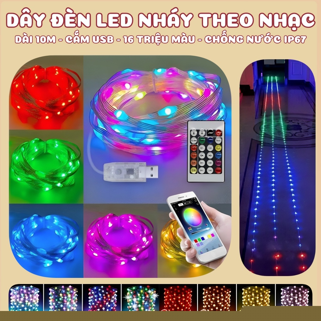Dây Đèn Led Nháy Đuổi 10M, Trang Trí Ngoài Trời RGB 5V Cổng USB Nháy Theo Nhạc 16 Triệu Màu, Điều Khiển Bằng App