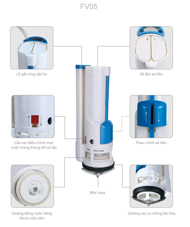 Cụm xả 2 nút nhấn Paradise FV05/21/26 chiều cao trụ xả 210mm và 260mm dùng cho thùng nước bồn cầu 1 khối