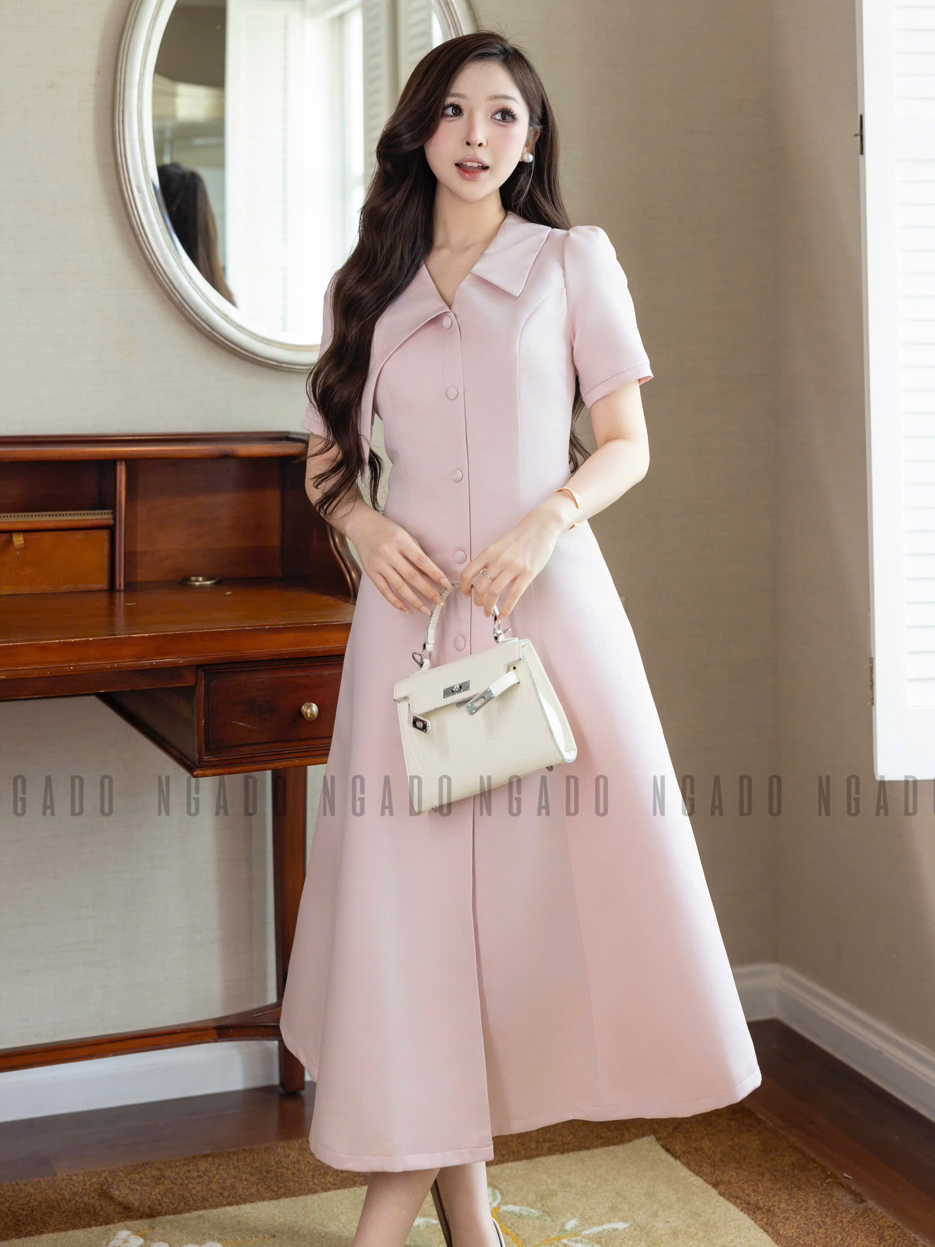 Đầm hồng cổ vest NGADO , đầm công sở , dự tiệc