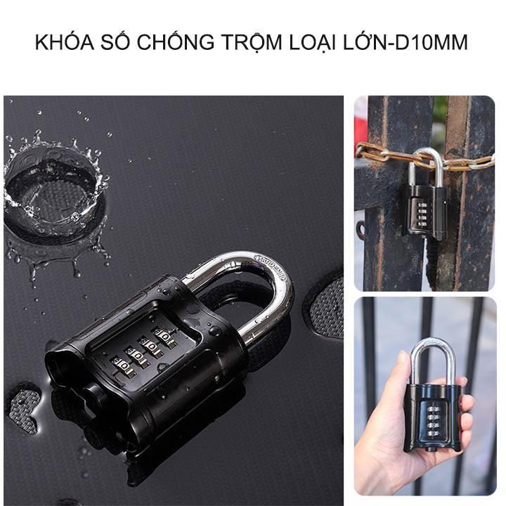Khóa số chống trộm loại lớn D10mm, 4 mã số có thể thay đổi được, vỏ hợp kim kẽm mạ không gỉ