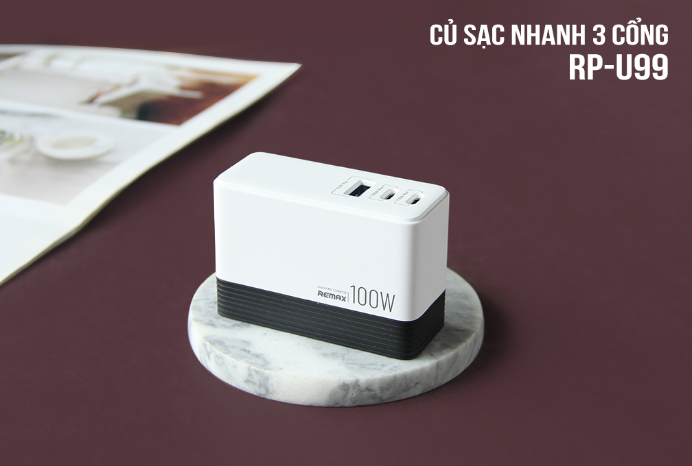 Củ sạc nhanh 3 cổng 100W Remax Công Nghệ Mới GaN Fast, 3 Cổng Sạc USB và TypeC, Kích Thước Siêu Nhỏ, Chuẩn Sạc PD3.0, PPS, QC4.0, SCP, FCP, Đa Năng Một Củ Sạc Cho Đa Thiết Bị Laptop, Tablet, SmartPhone - Hàng Chính Hãng RP-U99