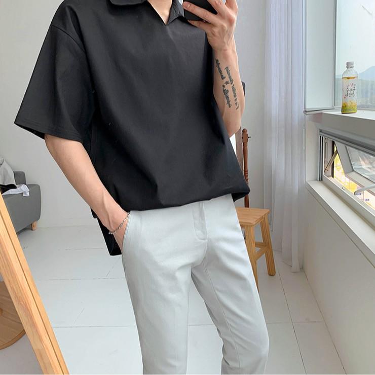 Áo Sơ Mi Tay Lỡ Cổ Chui Basic Trơn, Form Rộng, Unisex Nam Nữ Tay Ngắn Style Hàn Quốc SMC4