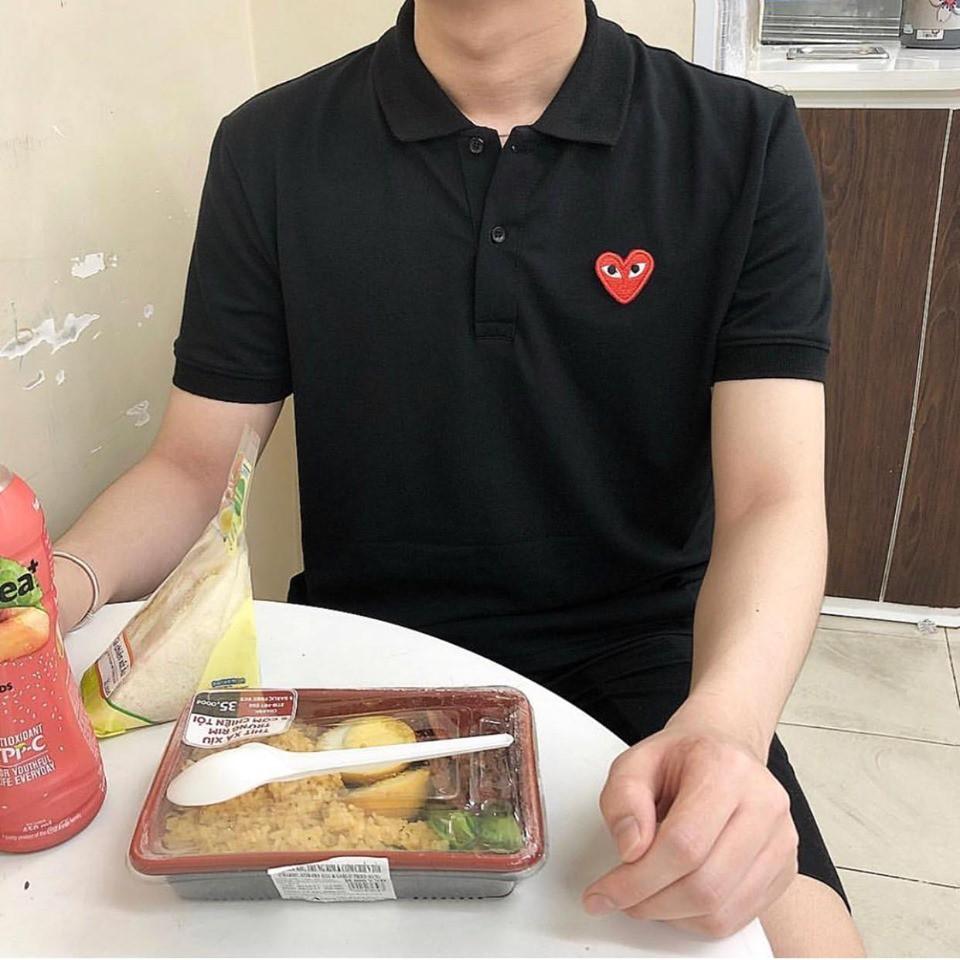 Áo Thun Polo Nam Nữ Thêu Tim Tay Lỡ Unisex