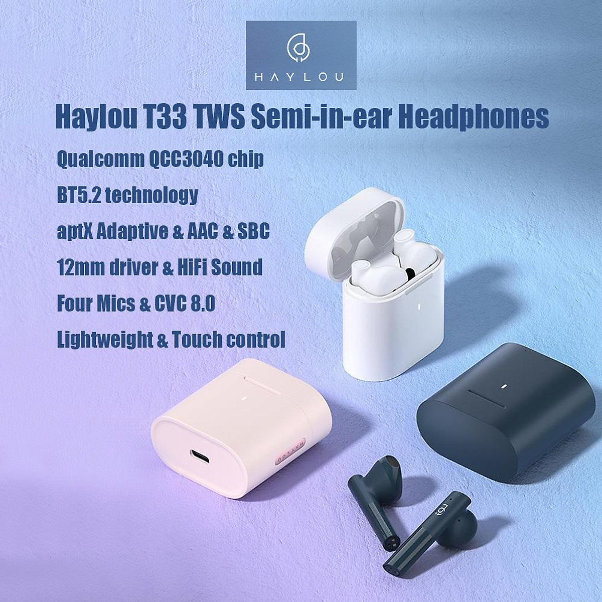 Haylou T33 BT5.2 Wireless Earphone, Semi-in-ear Headphones w/Qualcomm QCC3040 Chip/aptX Adaptive & AAC & SBC