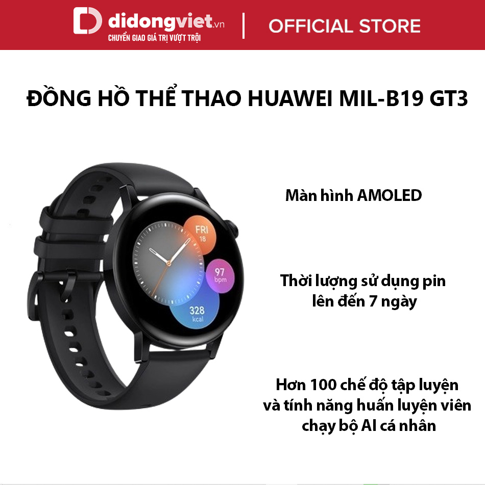 ĐỒNG HỒ THỂ THAO HUAWEI MIL-B19 GT3 32MB/4GB ACTIVE 42MM - Dây cao su đen - Hàng Chính Hãng
