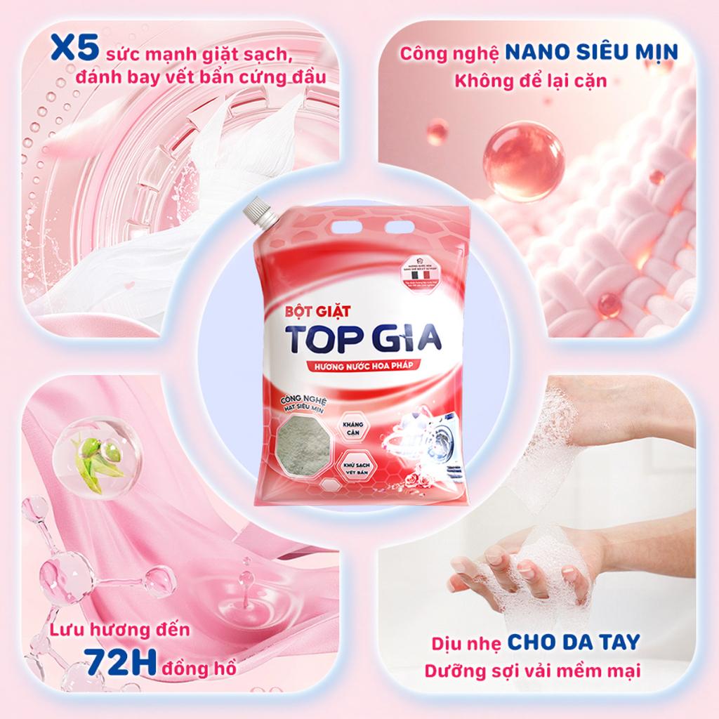 Bột Giặt TOPGIA Hương Nước Hoa Pháp, Nano Kháng Cặn, An Toàn Chăm Sóc Da Tay, Đánh Bay Vết Bẩn