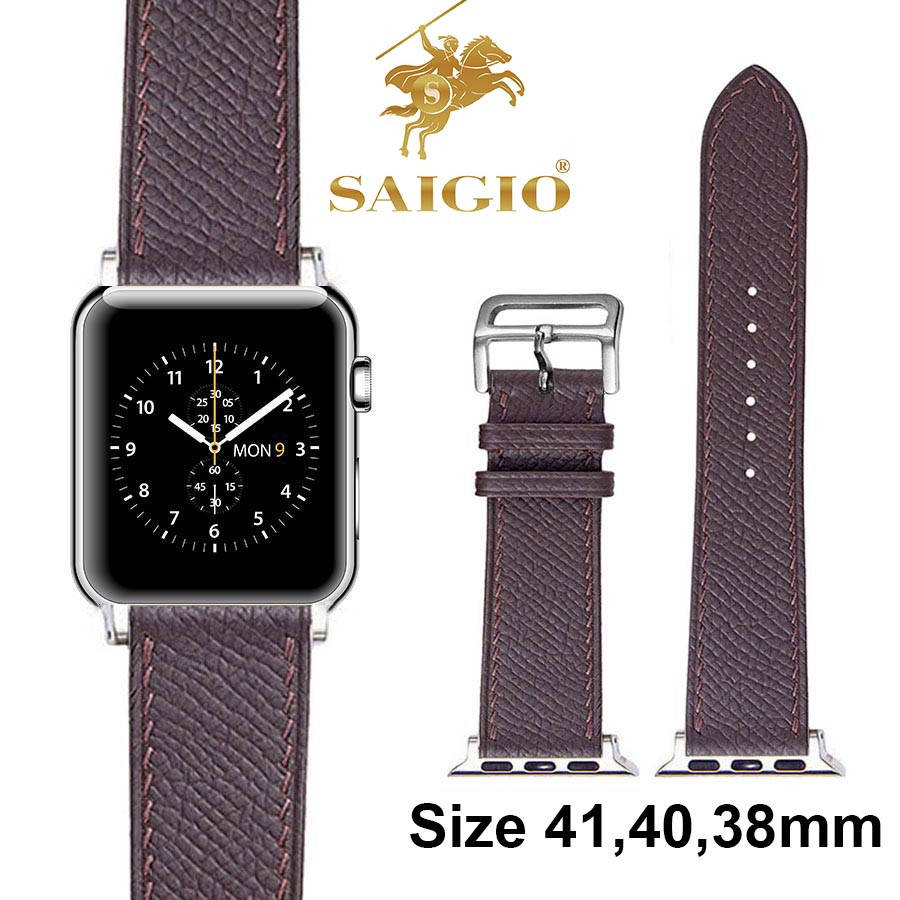 Dây Đồng Hồ Apple Watch 41mm 40mm 38mm, Chất Liệu Da Bê EPSOM Thảo Mộc Cao Cấp, Nhập Khẩu Từ Châu Âu, Dây Đeo Phong Cách Hiện Đại và Sang Trọng, Tương Thích Các Phiên Bản Series 8/7/6/5/4/3/2/1/SE/SE2 - Nâu - ADAPTER BẠC