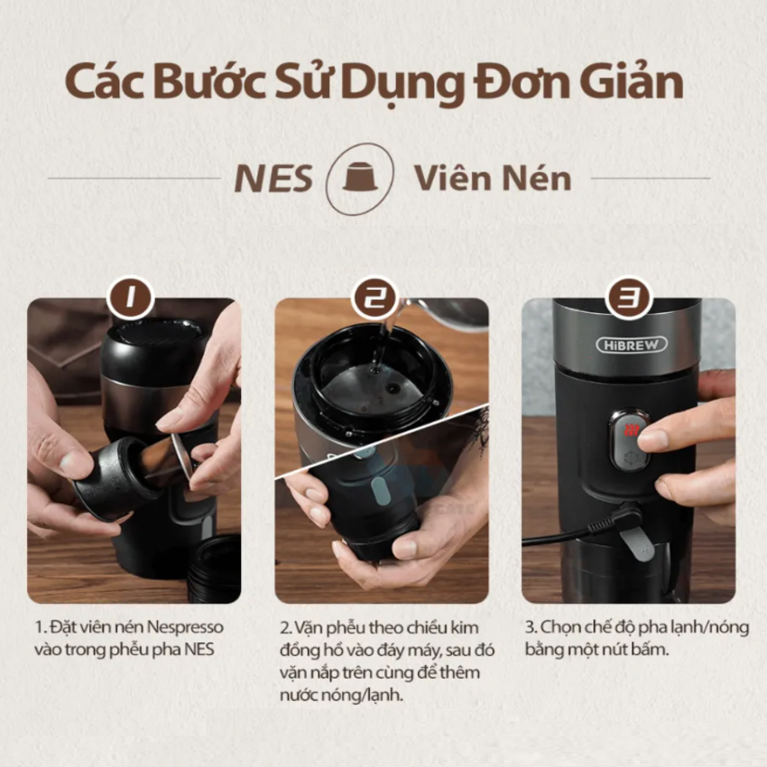 Máy pha cà phê cầm tay Espresso 3 trong 1 thương hiệu HiBREW cao cấp H4A công suất 80W, áp suất 60ml