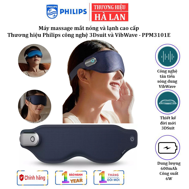 Máy massage mắt nóng và lạnh công nghệ 3Dsuit và VibWave. Thương hiệu Philips Hà Lan cao cấp PPM3101E - Dung lượng pin: 600mAh - HÀNG NHẬP KHẨU