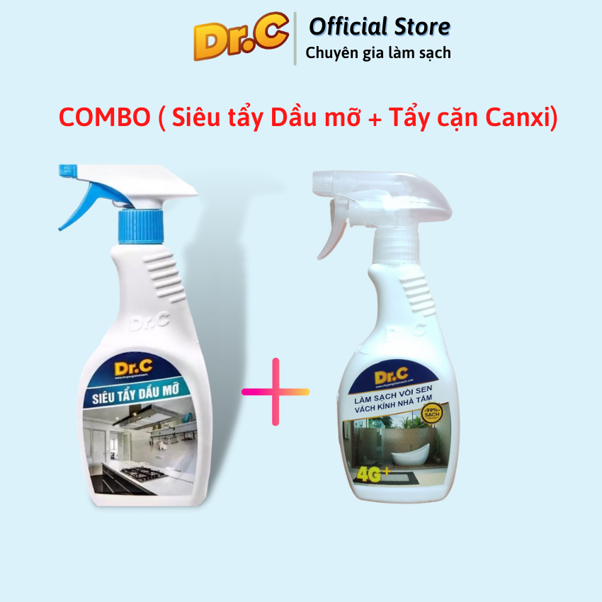 Combo Dr.C CHÍNH HÃNG siêu tiết kiệm ( Siêu tẩy dầu mỡ Dr. C + Tẩy cặn Canxi, vòi sen, vách kính)