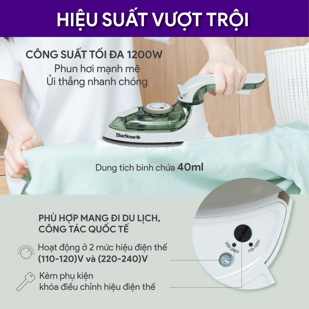 Bàn ủi hơi nước mini BlueStone SIB-3819 (1200W) - thiết kế nhỏ gọn, dễ dàng mang theo và cất giữ - Hàng chính hãng