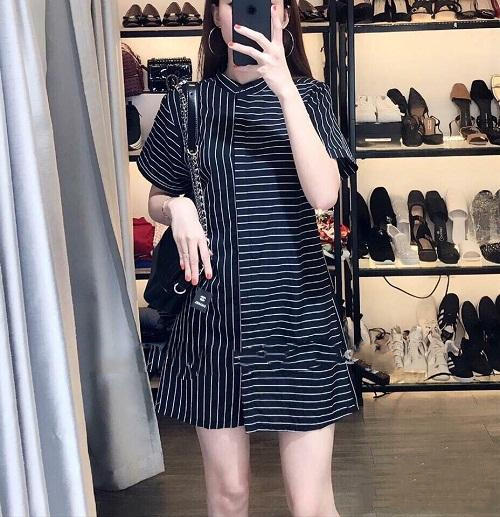 ĐẦM SƠ MI SỌC NGẮN DẤU QUẦN CỔ TRỤ
