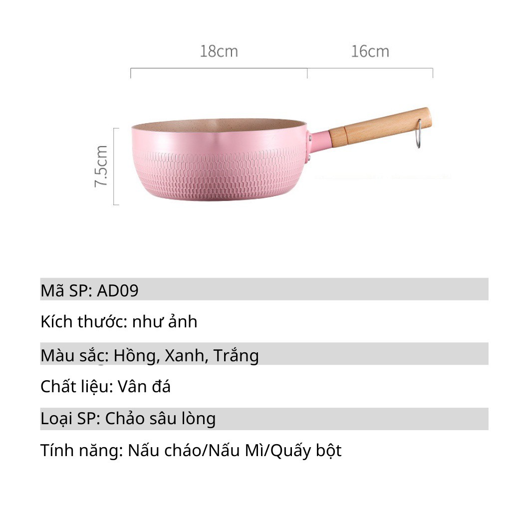 Chảo Chống Dính Sâu Lòng Đáy Từ Vân Tổ Ong Size 18cm Có Tay Cầm Gỗ-Nồi Nấu Mì Màu Pastel Lúa Mạch- Hàng Loại 1 Chính Hãng MINIIN