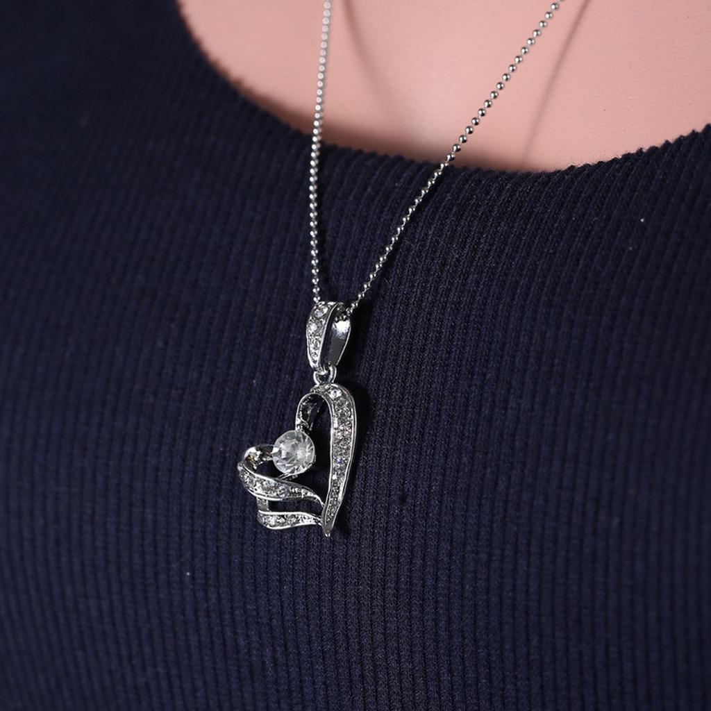Women Double Heart Rhinestone Pendant Chain Necklace Jewelry Silver Gift