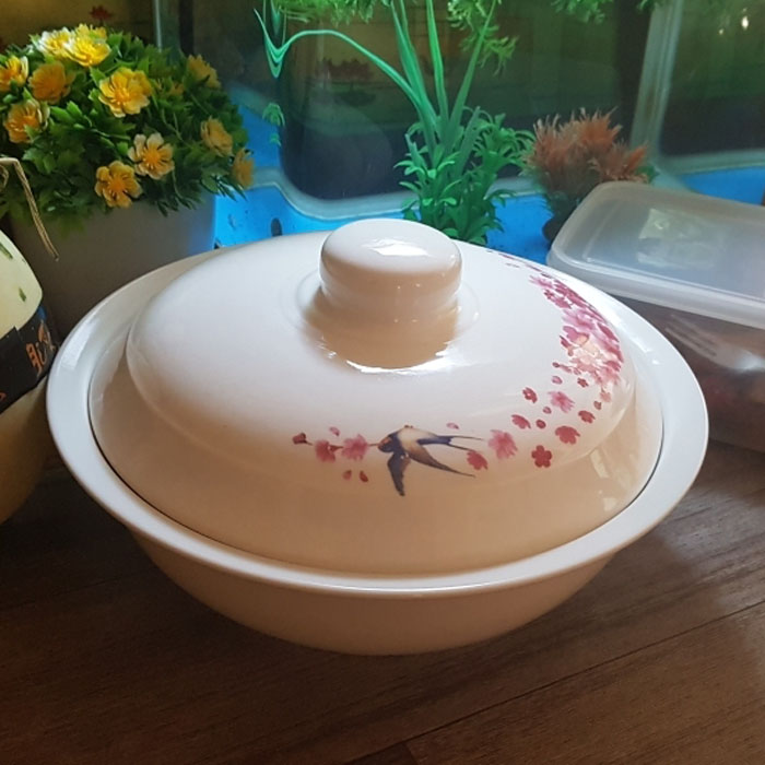 Thố sứ trắng kèm nắp in hoa cao cấp 24cm