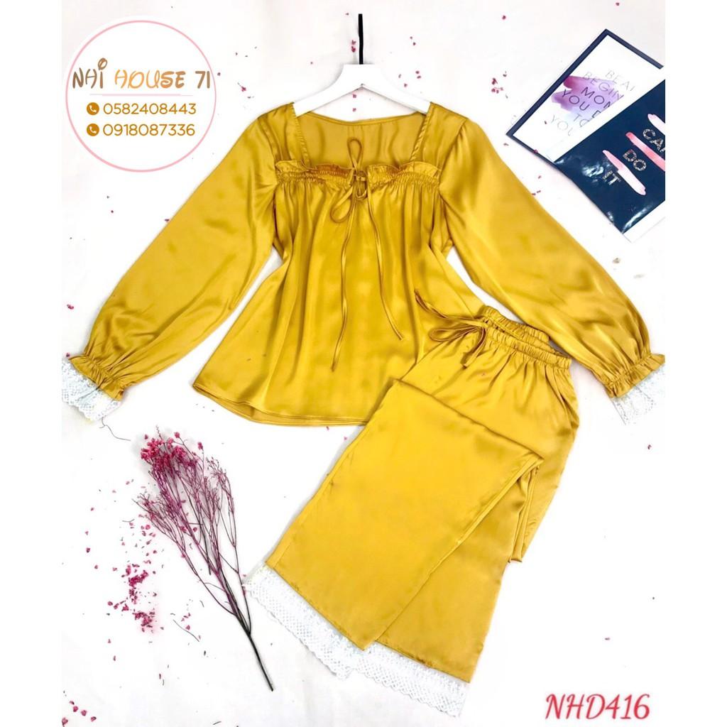 SET BỘ NGỦ PIJAMA TAY DÀI PHỐI REN CỔ U DỄ THƯƠNG LỤA LATIN TÔ CHÂU MỀM MỊN MÁT NHIHOUSE71 FREESIZE DƯỚI 6