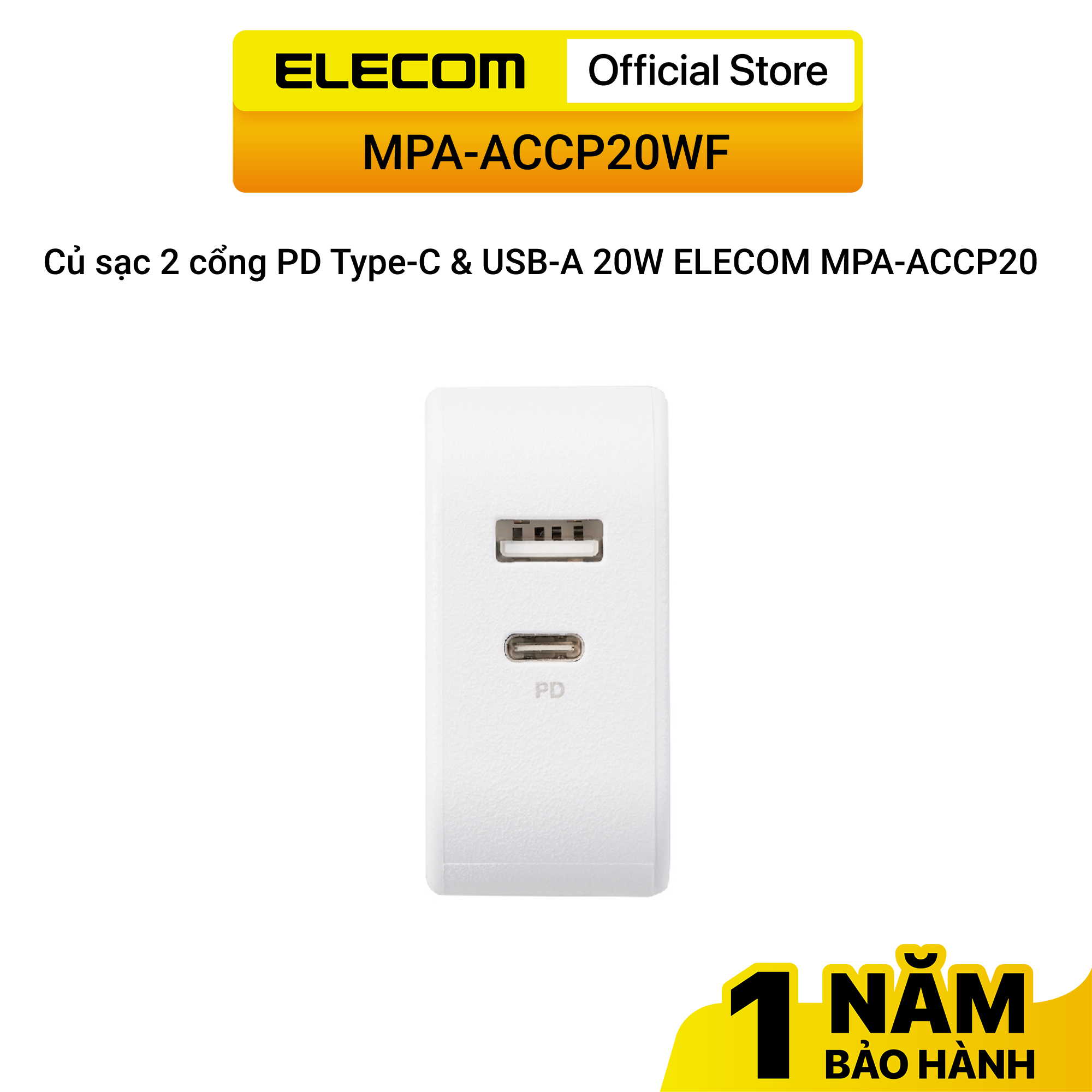 Củ sạc 2 cổng PD Type-C &amp; USB-A 20W ELECOM MPA-ACCP20 - Hàng chính hãng